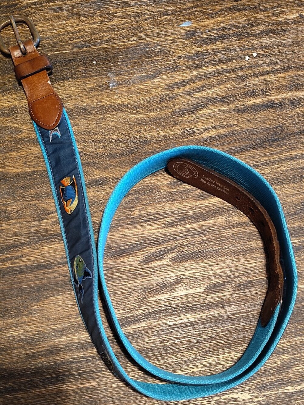 Men's Embroidered Fish Leather & Canvas Belt - Turquoise